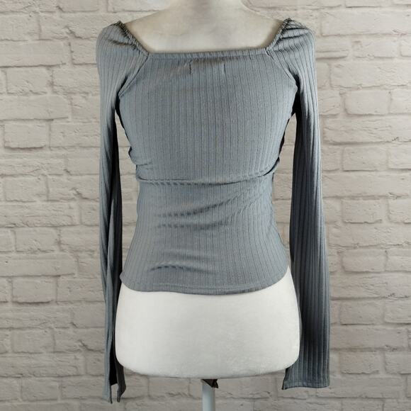 E Madewell Light Craft Blue Ribbed Square Neck Crop Long Sleeve Tee Shirt NWT XS - Picture 4 of 12